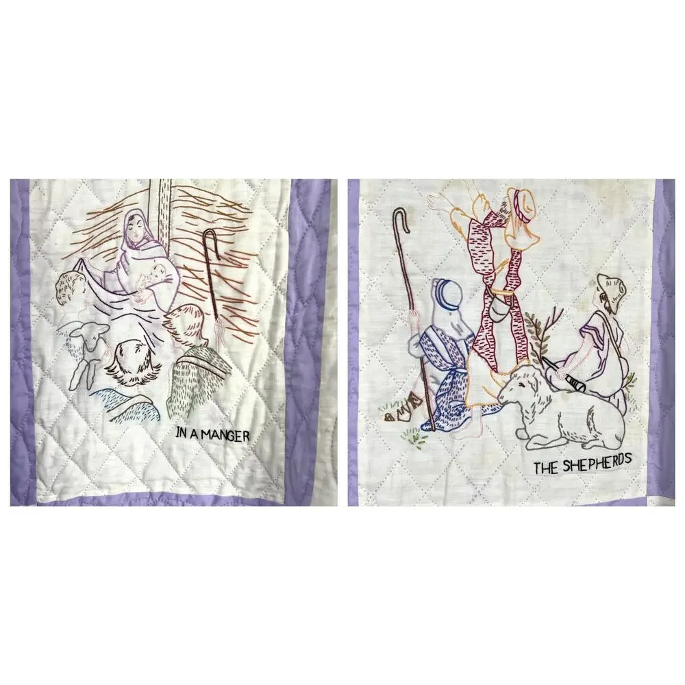 Vintage Hand Made Quilt Old Testament Embroidered Purple Border